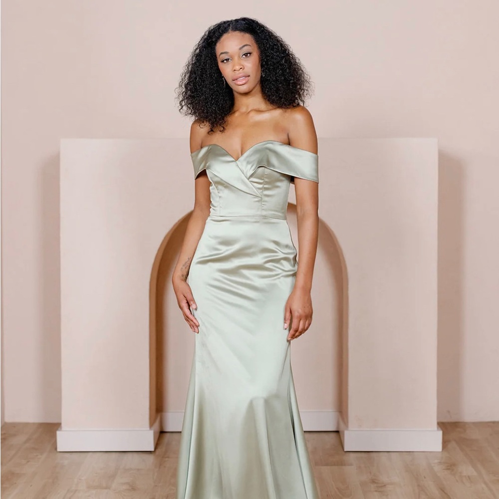 REVELRY Bardot Satin Dress Silver Sage Size 2